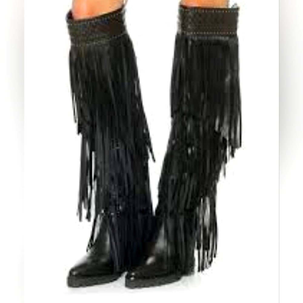 Ivy Kirzhner Wild Fringe Leather Hidden Wedge Boot Black Size 6